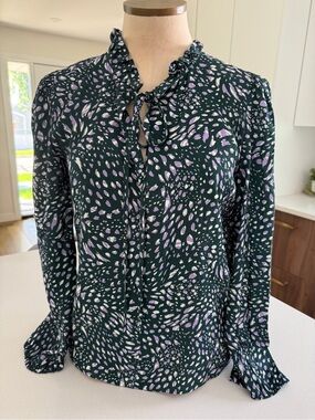 Maje Dark Green Ruffle Tie-Neck Printed Blouse with Lilac Accents